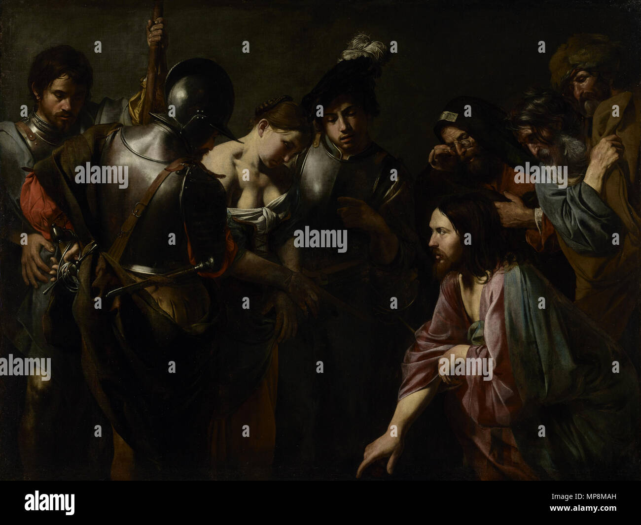 Le Christ et la femme adultère ; Valentin de Boulogne (Français, 1591 - 1632) ; environ années 1620 ; Huile sur toile, 167 x 221,3 cm (65 3/4 x 87 1/8 in.) ; 83.PA.259 Le Christ et la femme adultère 754 Jésus et la femme adultère - Valentin de Boulogne Banque D'Images