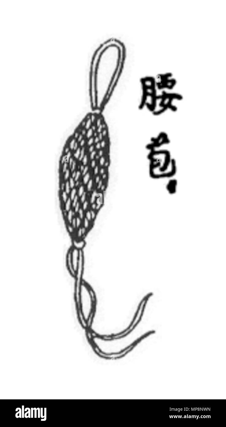 . Anglais : un Japonais de la période Edo wood block print d'un kate-bukuro (fourniture sac). Il y a plusieurs sortes, comme le koshi-Oke, koshi-dzuto, men-Oke, kouri, etc. pour les agents ordinaires, le genre appelé koshi-dzuto est recommandée ; elle est faite de kan-yori (twisted strings papier) dans le style de la vannerie fine, et mesure environ 1 pied par 9,5 pouces. Il est effectué sur le côté droit de la taille. 1735. Kyuukei Hayakawa 761 Kate-bukuro disposition (sac) Banque D'Images