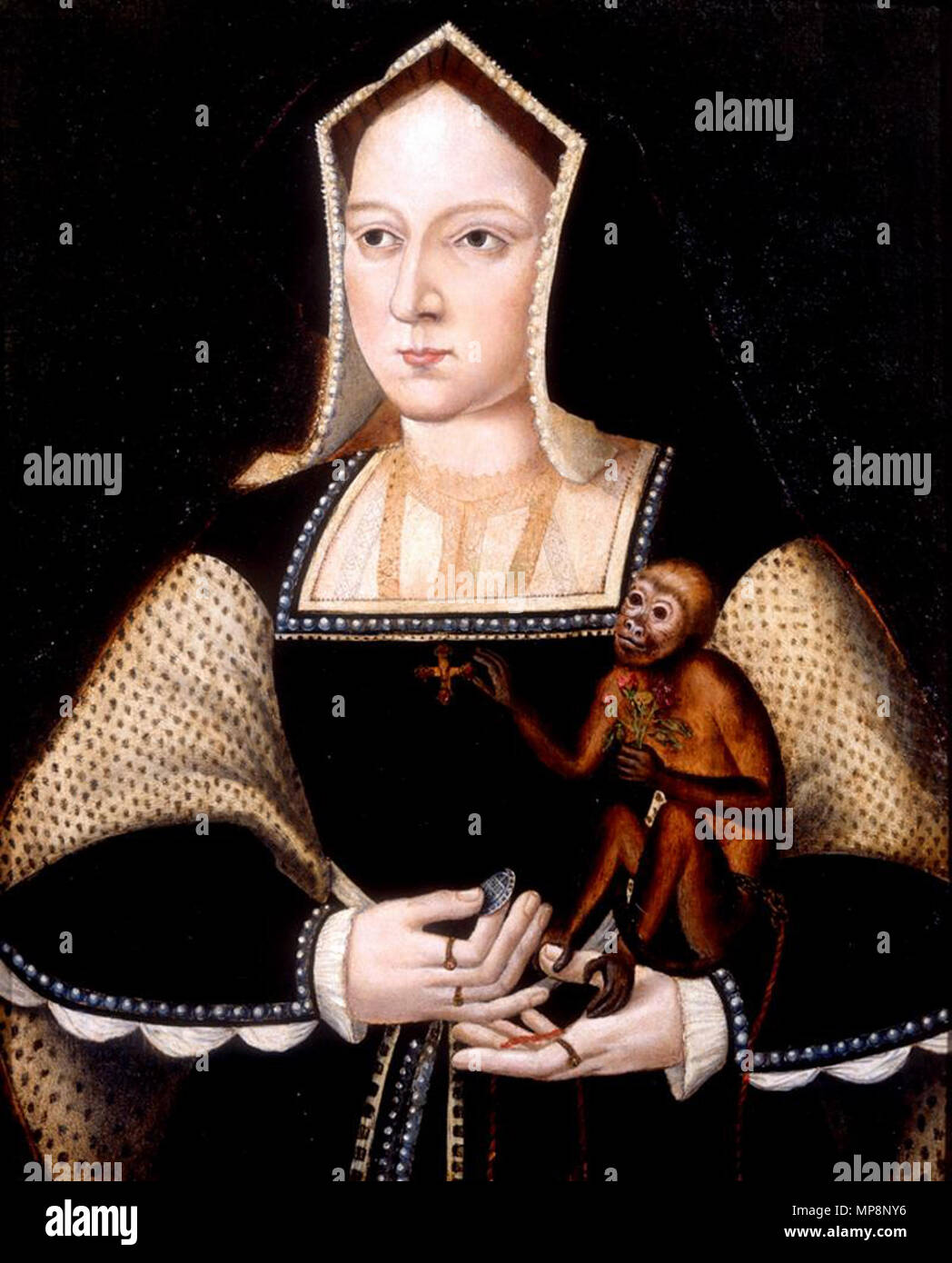 . Anglais : c'est la plus grande de la première épouse d'Henry VIII. Trois autres figurines existent, mais deux sont des copies de cette circulaire original ; le troisième est qu'on croit être un complément à une miniature du roi. Une caractéristique unique de ce travail est qu'il inclut Katharine's hands. Toutes les autres figurines Horenbout porté sur la tête et les épaules. L'ensemble de ses portraits ont un fond bleu et sont tracées avec une ligne d'or. Plus tard des artistes comme Nicholas Hilliard a hérité de ce style et a continué dans le 17ème siècle. . 1525. 761 Katharine d'Aragon avec un singe Banque D'Images