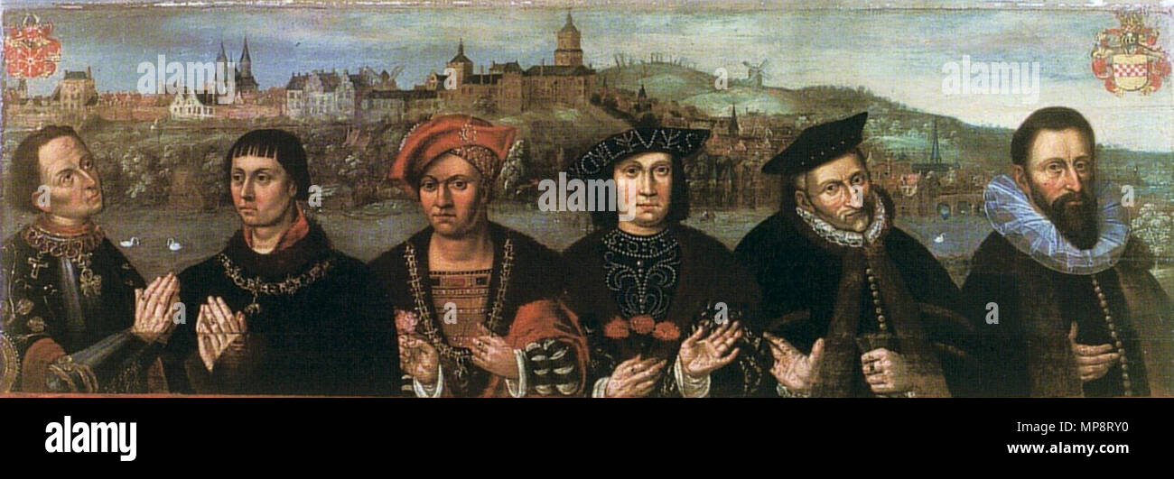 . Deutsch : Die Herzöge von sechs Klever, Johann Adolf I., I., Johann II., III., Johann Wilhelm C. und Johann Wilhelm (v.l.n.r.), ausgestellt im Städtischen Museum Haus Koekkoek à Clèves. 17e siècle. KleverHerzoege 768 Anonyme Banque D'Images