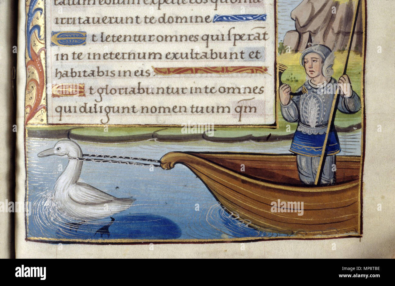 . Anglais : le chevalier du cygne, à partir d'une miniature 15e siècle livre d'heures (Oxford, Bodleian Library, MS Douce 276, folio 095r English : le chevalier au cygne debout dans une barque remorquée par un cygne, enluminure tirée d'un livre d'heures de la fin du XVe siècle réalisée pour un membre de la famille de Toulongeon. Manuscrit conservé à Oxford, Bodleian Library, MS Douce 276, folio 095r. 1481. 15ème siècle inconnue artiste 771 Chevalier de l'Swan-Oxford, Bodleian Library. Douce 276 fol 095r (détail) Banque D'Images