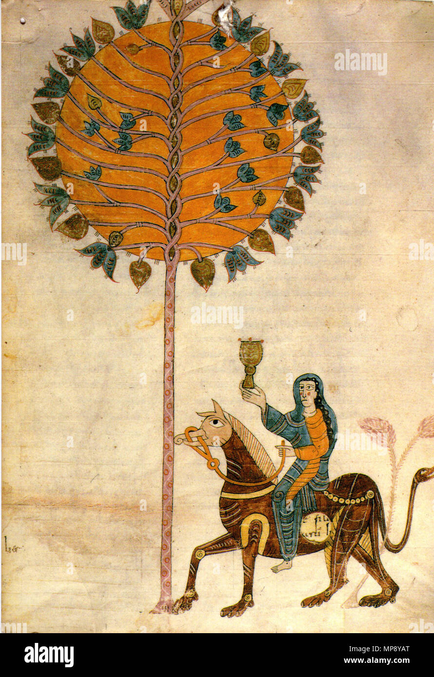 La prostituta de Babilonia. F 063r.. Español : Miniature del Beato de Gérone, conservado en El tesoro de la catedral de Segovia, que la représentation de Babilonia prostituta sentencia dictada por el tribunal extranjero, en un Pasaje del Apocalipsis. . 975. 785 La prostituta de Babilonia (Beato de Gérone) Banque D'Images