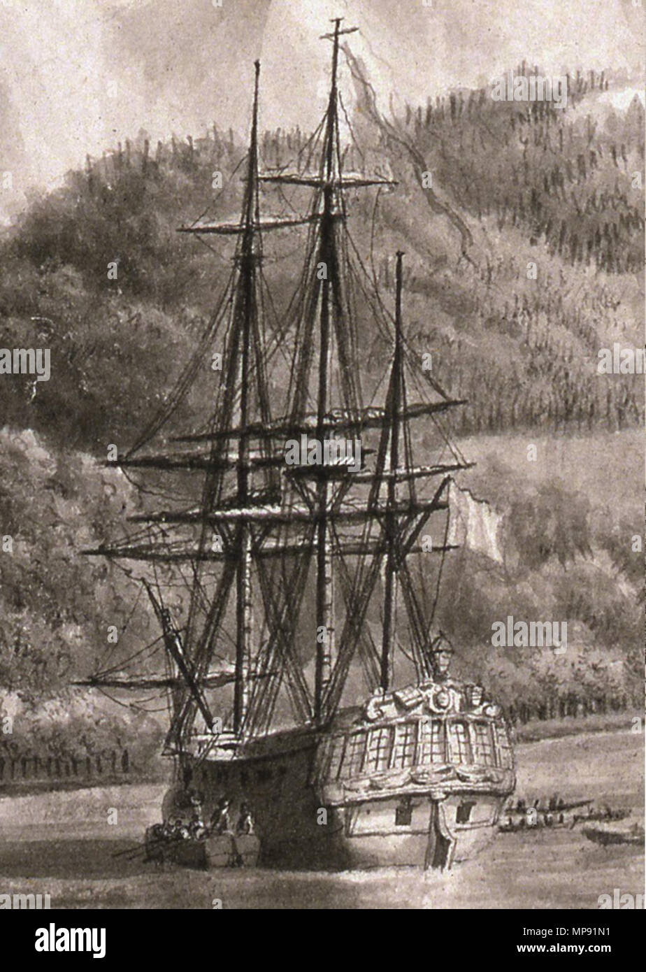 . Français : L'Astrolabe au mouillage certainement en Alaska. Détail d'un dessin réalisé pour l'Atlas du voyage de La Pérouse publié en 1797. Navire commandé par Paul Fleuriot de Langle. 1797. 798 Inconnu Le navire l'Astrolabe en 1786 Banque D'Images