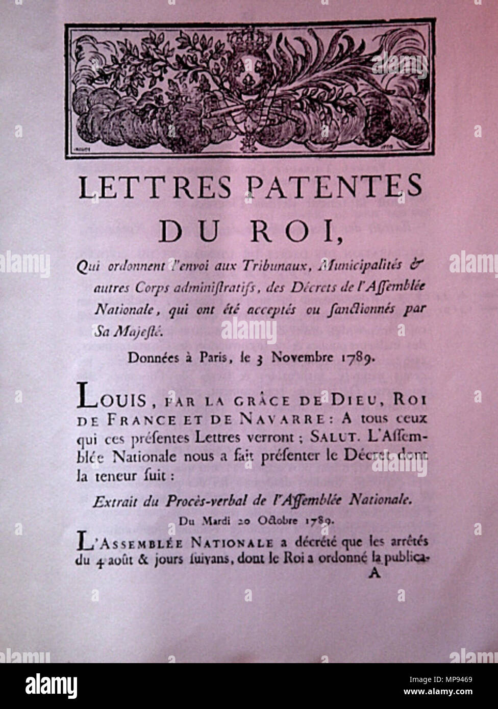 . Lettres patentes de Louis XVI promulgant le texte de la déclaration des droits de l'homme et du citoyen, l'abolition des privilèges féodaux, etc . 1789. Heurtelions 807 Lettres patentes Déclaration droit hommes 1789 maitrier05125 Banque D'Images