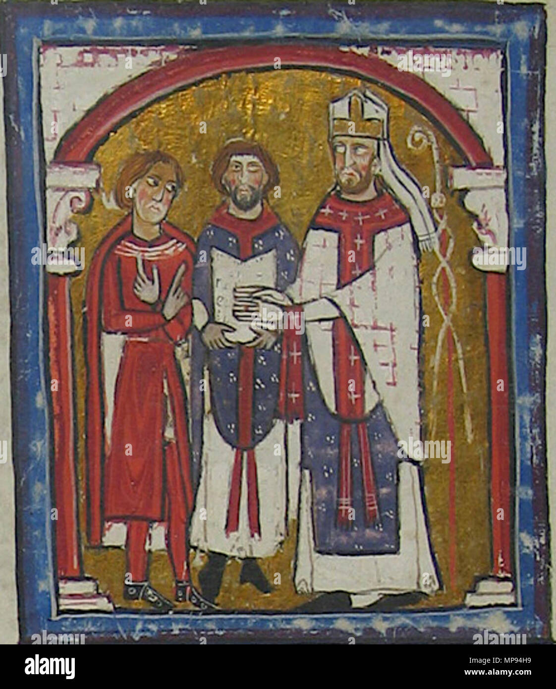 . Anglais : Liber feudorum - Ceritaniae Jurament fa que sacramentelle, Ermengol bisbe d'Urgell, un Guifré, comte de Cerdagne English : Liber feudorum Ceritaniae fo 10v-(9-c-d)- Saint Armengol, évêque d'Urgell, prêtant serment de fidélité à Guillaume II de Cerdagne English : The miniature nous montre un exemple d'un lien féodal entre les membres de la haute noblesse. Dans la scène, Armengol, évêque d'Urgell, dont la main est en contact avec les Saintes écritures tenues par un de ses prêtres, prête serment à Wilfred II, comte de Cerdagne et Berga. Entre 1172 et 1176. 809 anonyme liber2Armengol Banque D'Images