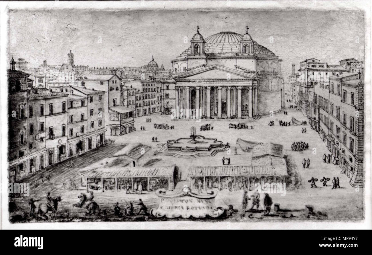 . Anglais : Lieven Cruyl, vue sur le Panthéon, Rome, plume et pinceau et encre brune et grise, lavis gris et brun, Aquarelle et gouache blanche certains, sur vélin. Dimensions : 3 x 5 5/16 9/16 in. (8,4 x 14,2 cm). Date : début des années 1670. Signature : signée à la plume et encre brune en bas à droite : L.( ?) C. (la barre horizontale du l abraided) Inscription : l'inscription dans le cartouche au centre : PANTHEON NUNC / S. MARIA ROTUNDA Le Metropolitan Museum of Art . Début des années 1670. Lieven Lieven Cruyl Cruyl 810 - Vue sur le Panthéon, Rome Banque D'Images