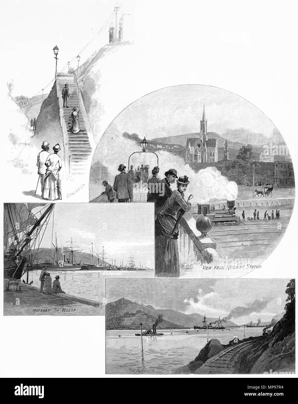 Gravure de scènes diverses autour de la ville de Dunedin vers 1880, en Nouvelle-Zélande. À partir de l'Atlas pittoresque d'Australasie Vol 3, 1886 Banque D'Images