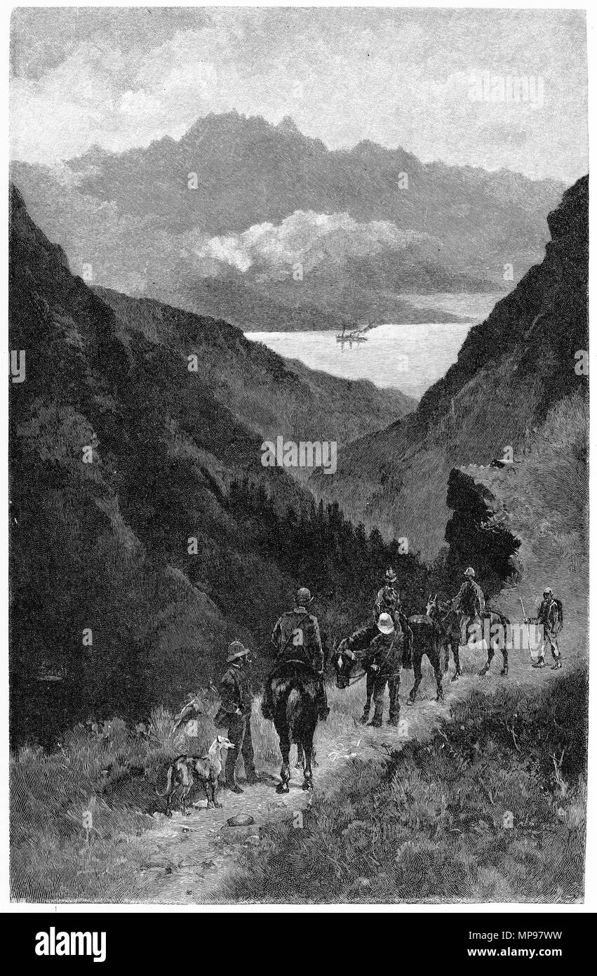 Gravure d'une équipe d'alpinistes en route pour l'ascension du Ben Lomond, Nouvelle-Zélande. À partir de l'Atlas pittoresque d'Australasie Vol 3, 1886 Banque D'Images