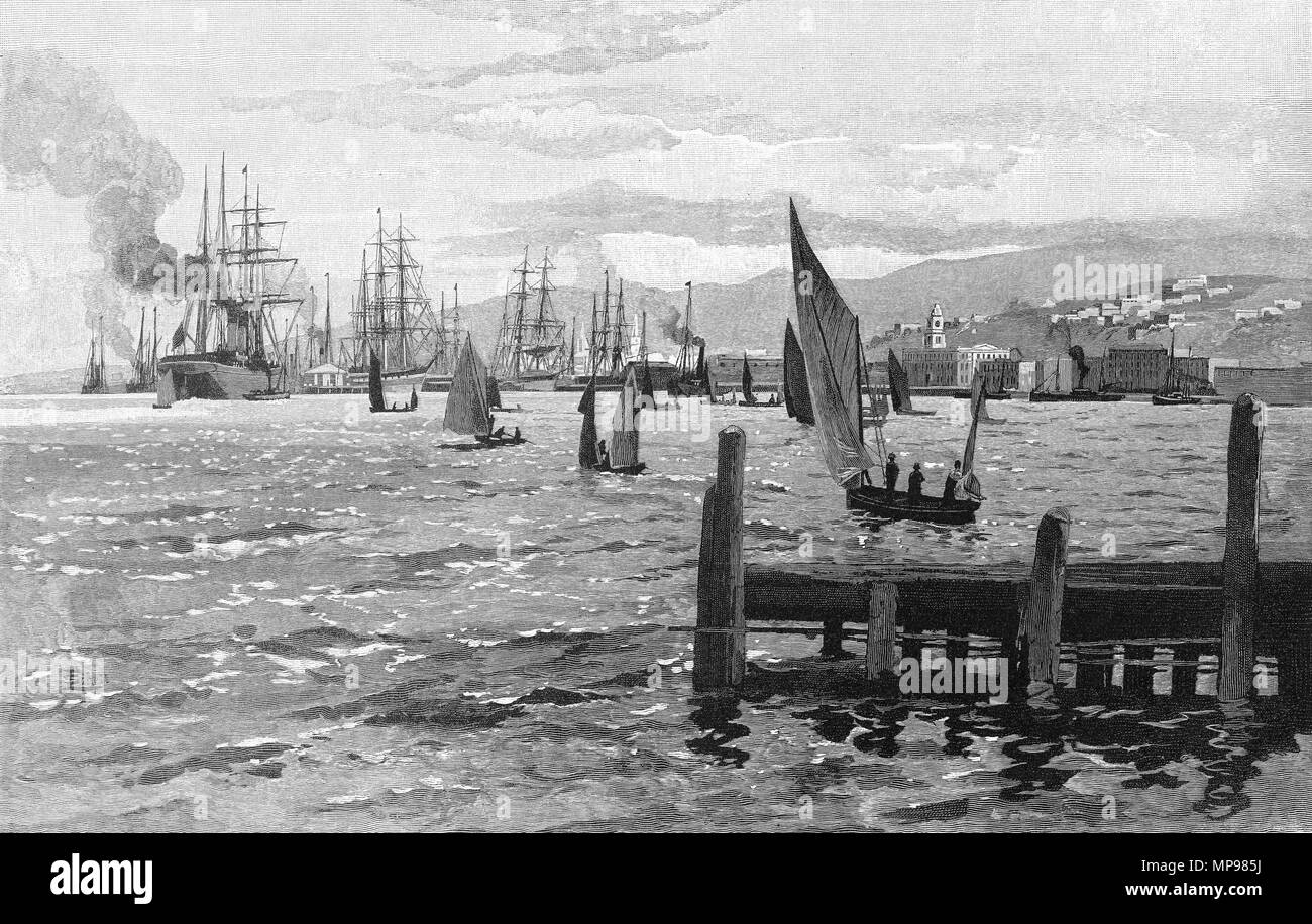 Gravure du port de Wellington vers 1880, en Nouvelle-Zélande. À partir de l'Atlas pittoresque d'Australasie Vol 3, 1886 Banque D'Images
