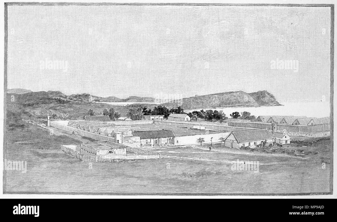 Gravure d'une colonie pénale française en Nouvelle Calédonie qui a couru de 1860 à 1897. En 1888, environ 10 000 détenus vivaient sur l'île. À partir de l'Atlas pittoresque d'Australasie Vol 3, 1886 Banque D'Images