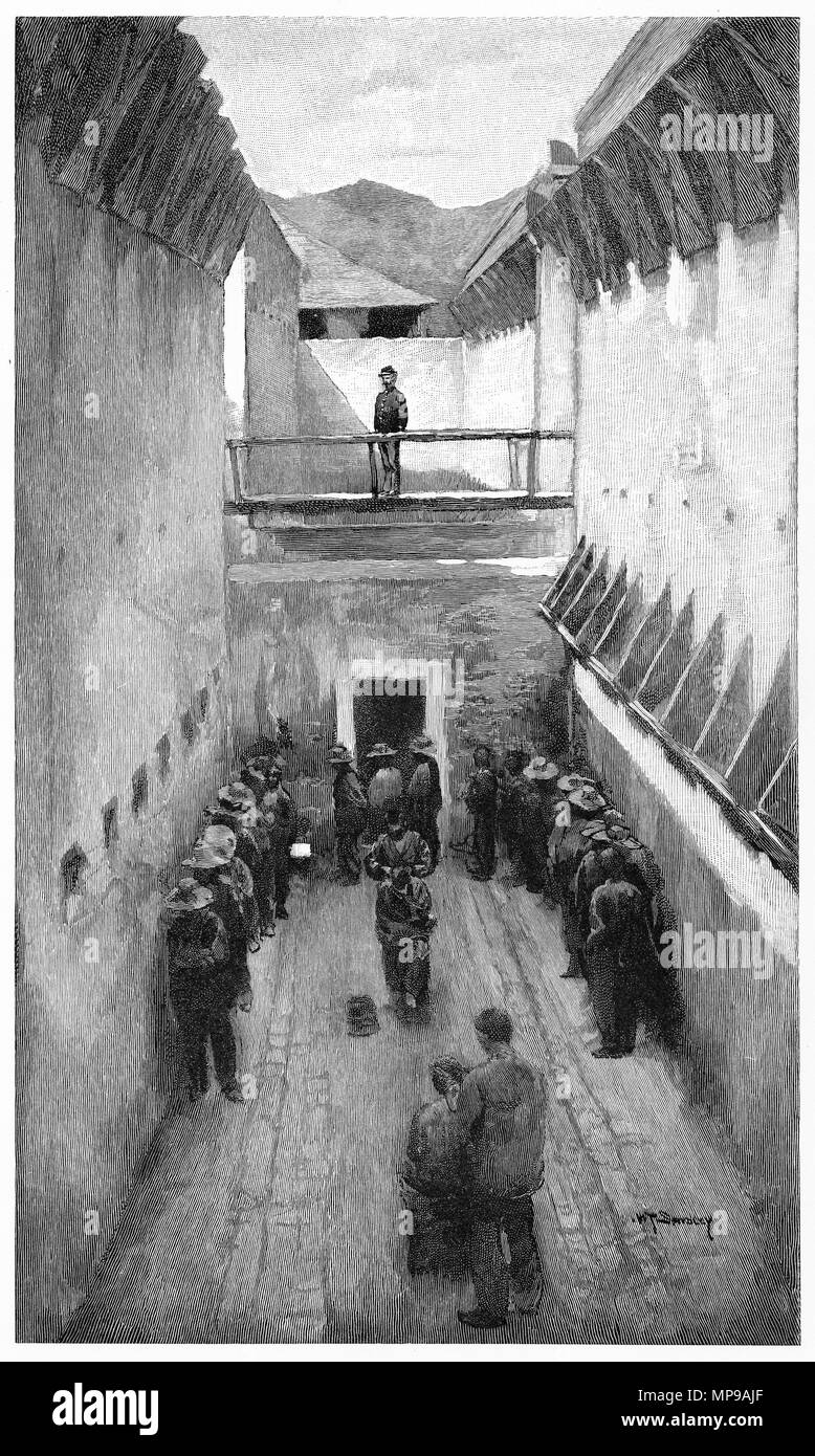 Gravure de l'intérieur d'une prison dans la colonie pénale de la Nouvelle-Calédonie. En 1888 il y avait 10 000 détenus sur l'île. À partir de l'Atlas pittoresque d'Australasie Vol 3, 1886 Banque D'Images
