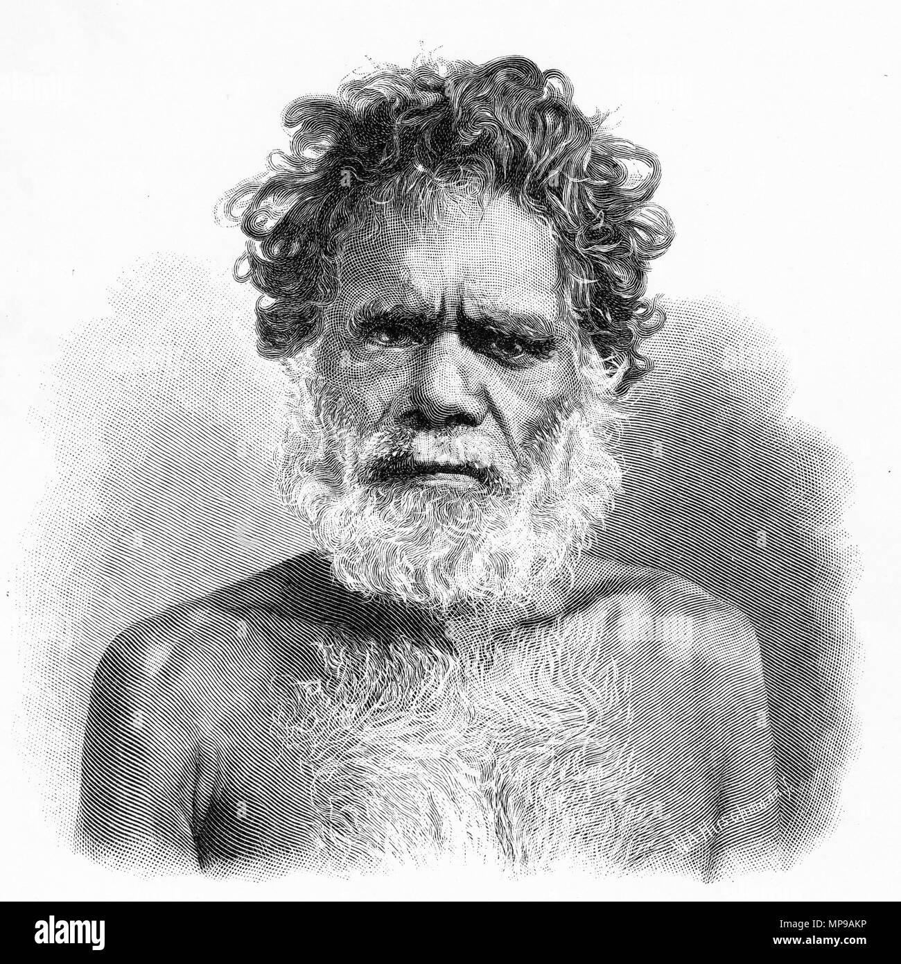 Gravure d'un homme autochtone de l'Australie. À partir de l'Atlas pittoresque d'Australasie Vol 3, 1886 Banque D'Images