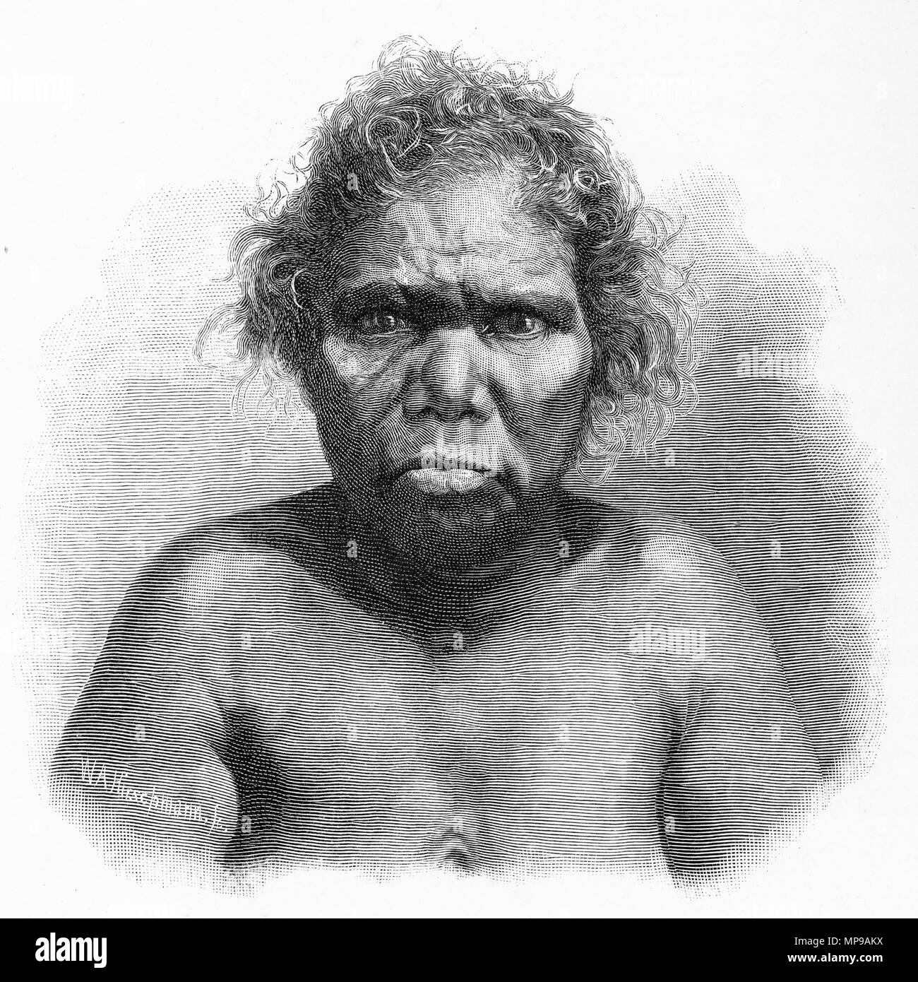 Gravure de mère autochtone de l'Australie. À partir de l'Atlas pittoresque d'Australasie Vol 3, 1886 Banque D'Images