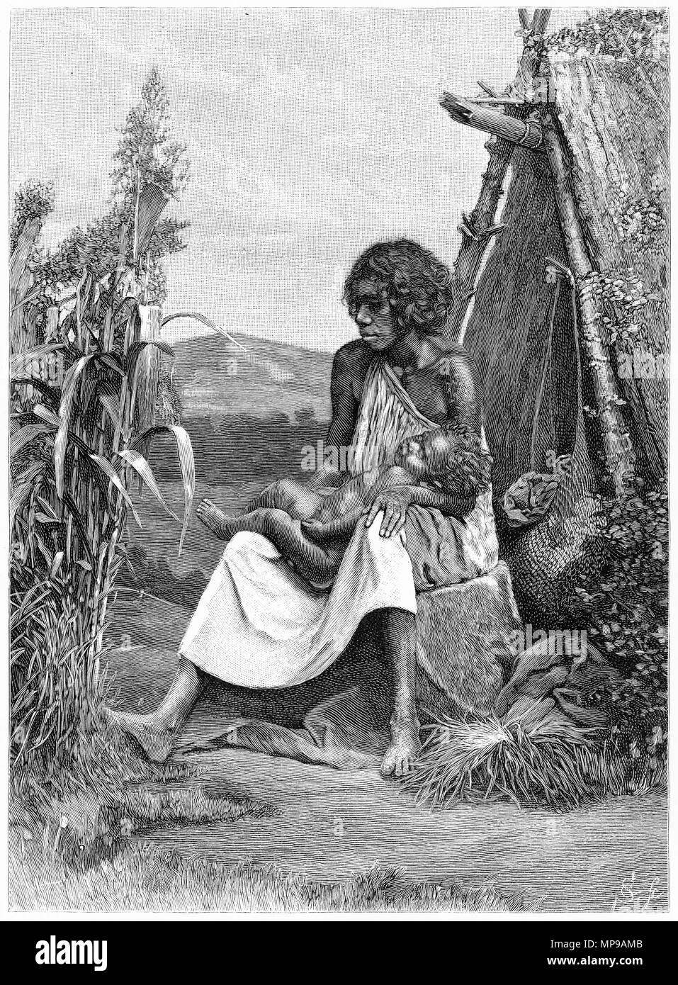 Gravure d'une mère autochtone et son enfant, de l'Australie. À partir de l'Atlas pittoresque d'Australasie Vol 3, 1886 Banque D'Images