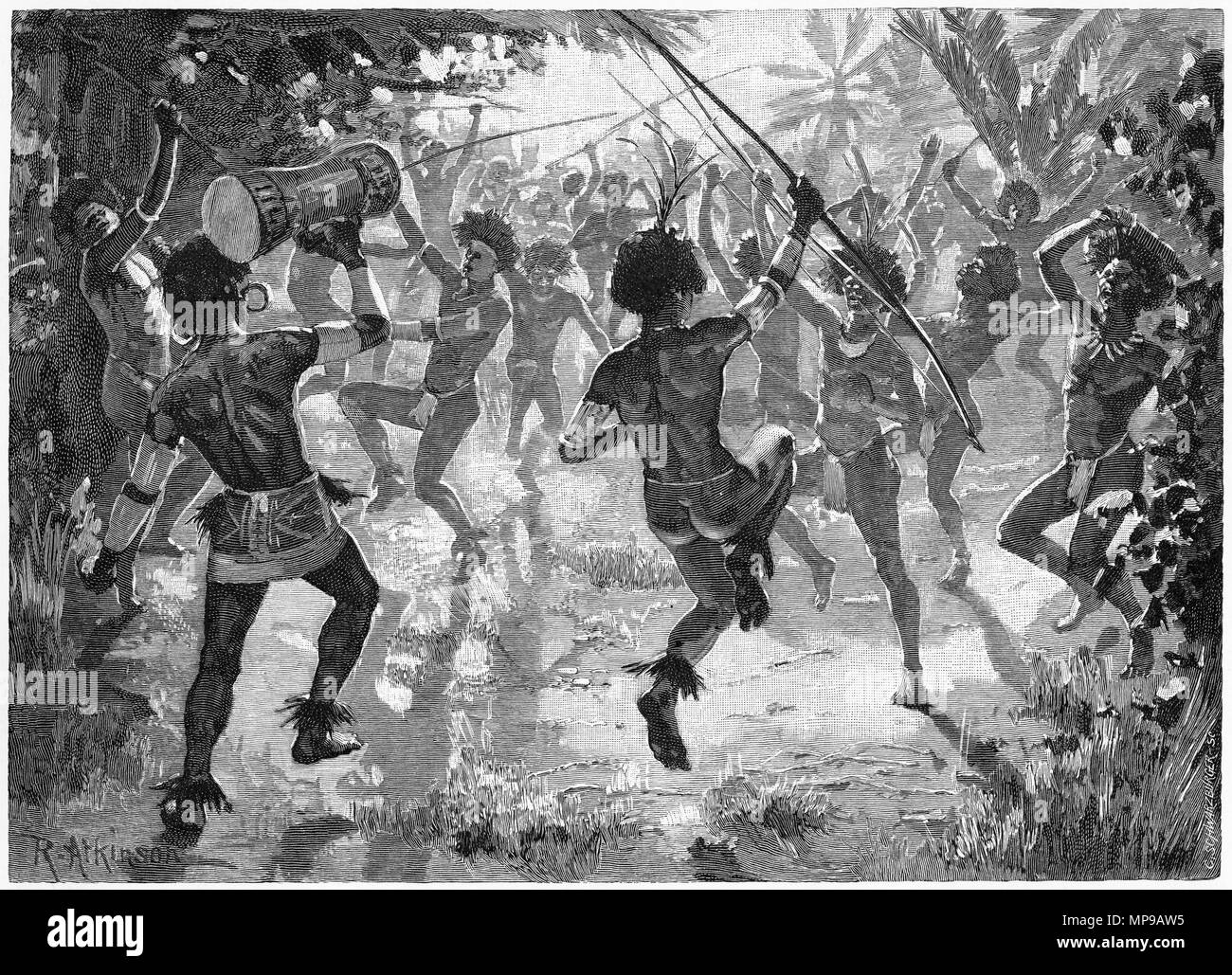 Gravure d'une danse tribale entre les habitants des Iles Salomon. À partir de l'Atlas pittoresque d'Australasie Vol 3, 1886 Banque D'Images