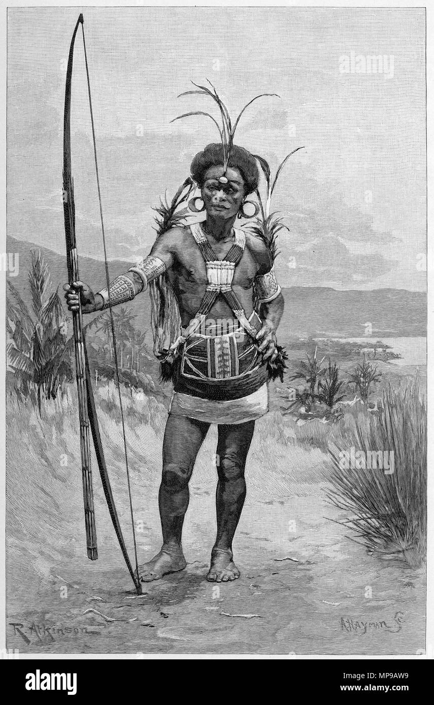 Gravure d'un Solomon Island hunter et guerrier. À partir de l'Atlas pittoresque d'Australasie Vol 3, 1886 Banque D'Images