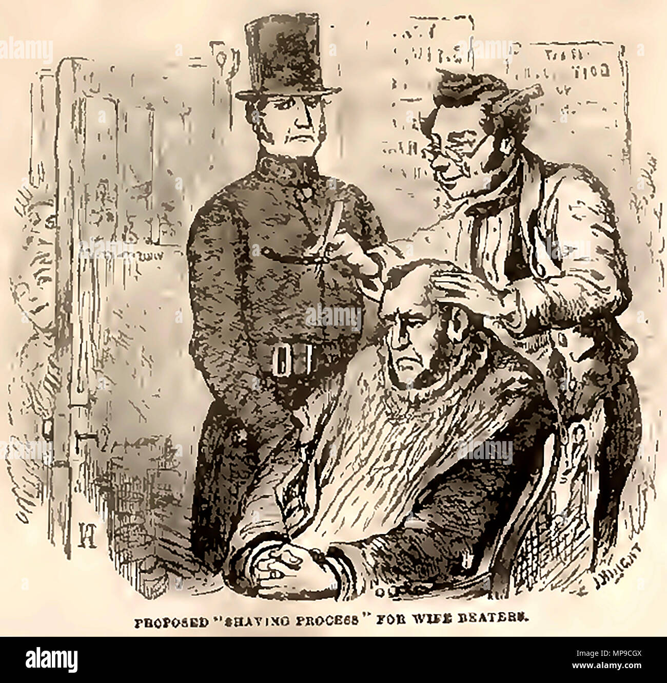 La loi et l'ordre en Grande-Bretagne - à l'époque victorienne, il a été sérieusement proposé que femme fouets devrait être chauve rasé par un salon de coiffure de la police comme une punition. Banque D'Images