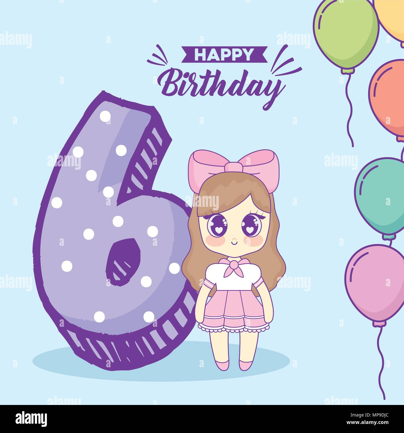 Joyeux Anniversaire Conception Avec Kawaii Anime Girl Et Numero 6 Sur Fond Bleu Design Colore Vector Illustration Image Vectorielle Stock Alamy