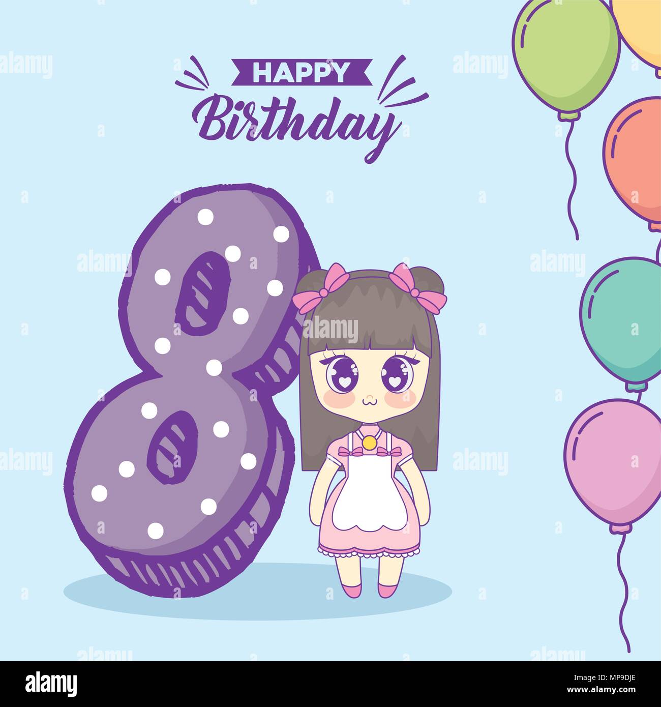 Joyeux Anniversaire Conception Avec Kawaii Anime Girl Et Numero 8 Sur Fond Bleu Design Colore Vector Illustration Image Vectorielle Stock Alamy