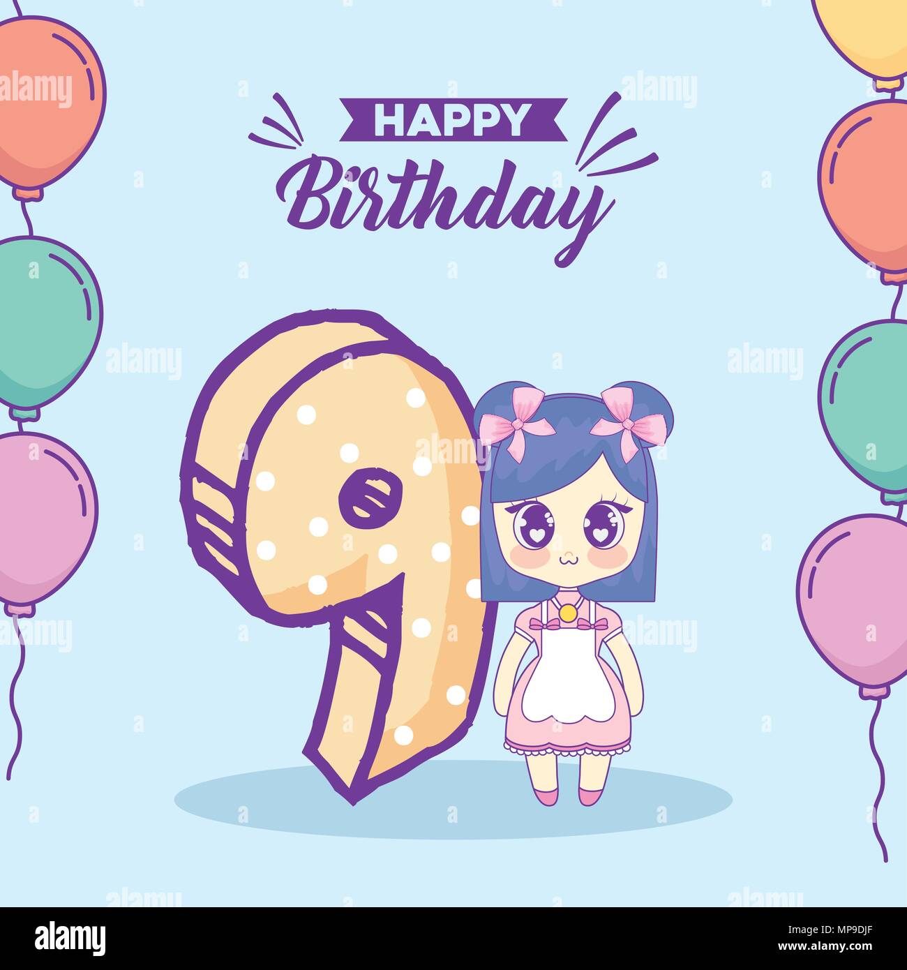 Joyeux Anniversaire Conception Avec Kawaii Anime Girl Et Numero 9 Sur Fond Bleu Design Colore Vector Illustration Image Vectorielle Stock Alamy