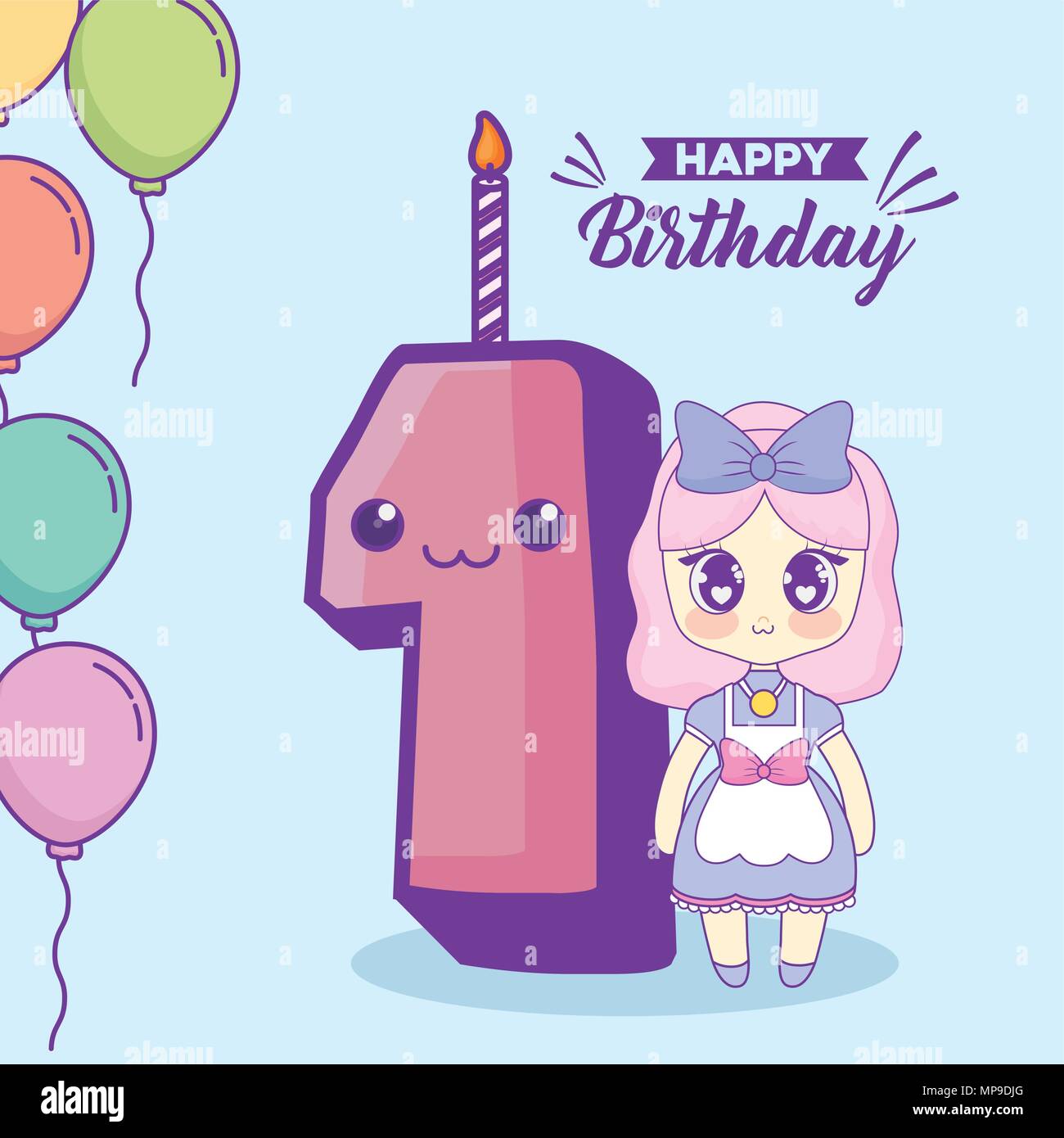 Joyeux Anniversaire Conception Avec Kawaii Anime Girl Et Numero 1 Sur Fond Bleu Design Colore Vector Illustration Image Vectorielle Stock Alamy