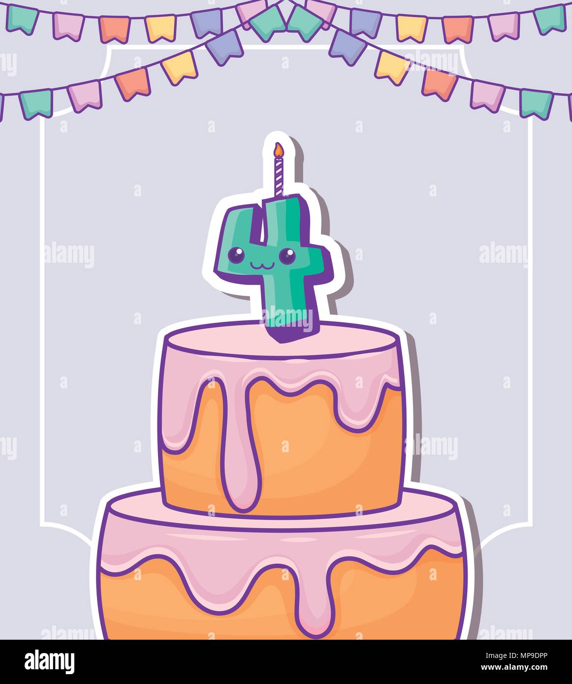 Joyeux Anniversaire Avec Un Gateau D Anniversaire Avec Kawaii Nombre Bougie De Plus Fond Violet Design Colore Vector Illustration Image Vectorielle Stock Alamy