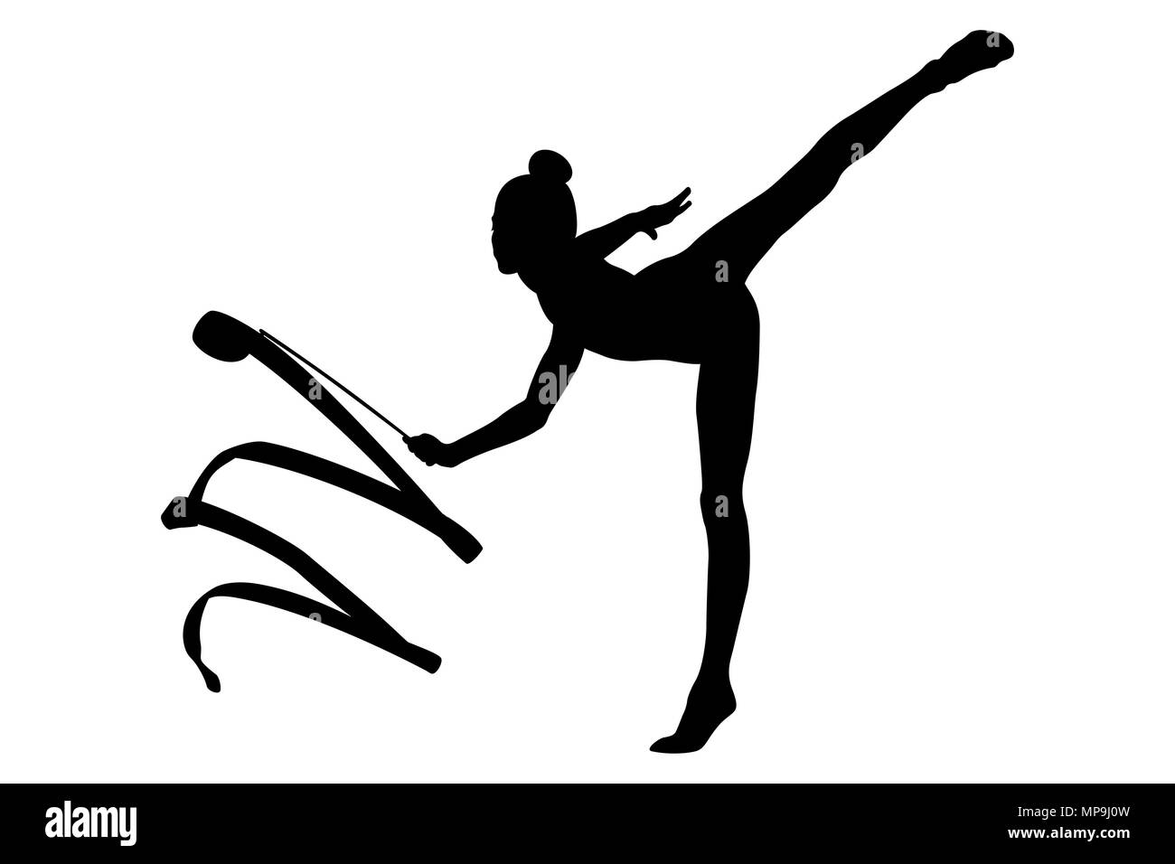 Gymnaste fille silhouette noire ruban d'exercice en gymnastique rythmique Banque D'Images