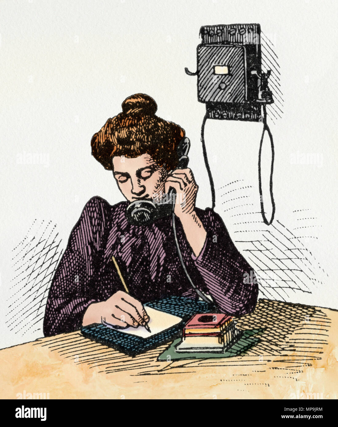 Téléphone tôt combinant l'émetteur et le récepteur, années 1800. Gravure sur bois couleur numérique Banque D'Images