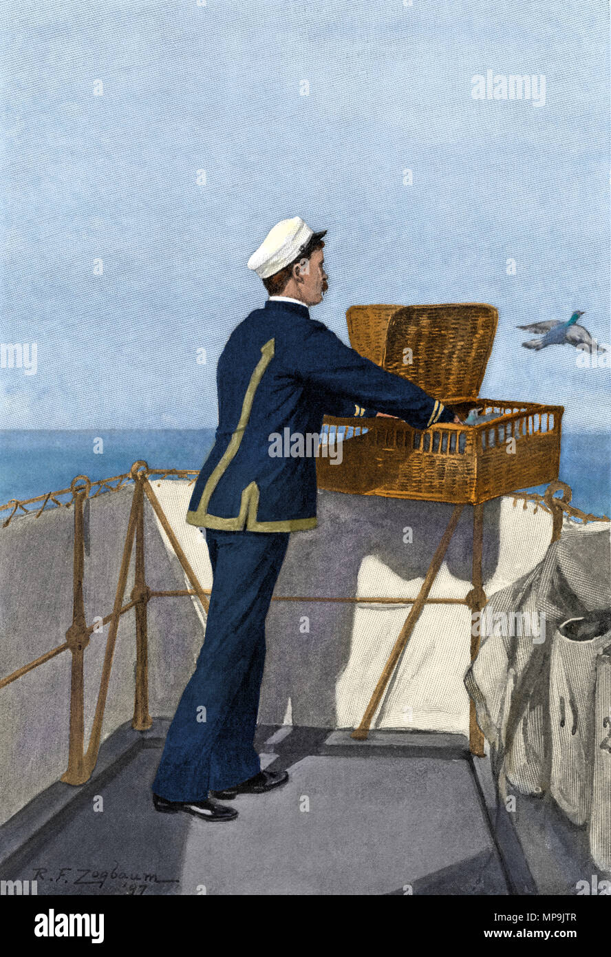 Pigeon voyageur libéré de l'USS 'Iowa' avec un message d'accueil, port 1897. Demi-teinte de couleur numérique d'une illustration Banque D'Images