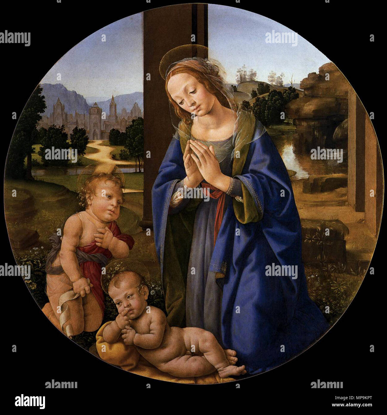 L'Adoration de l'enfant vers 1480. 819 Lorenzo di Credi, adorazione del bambino Banque D'Images