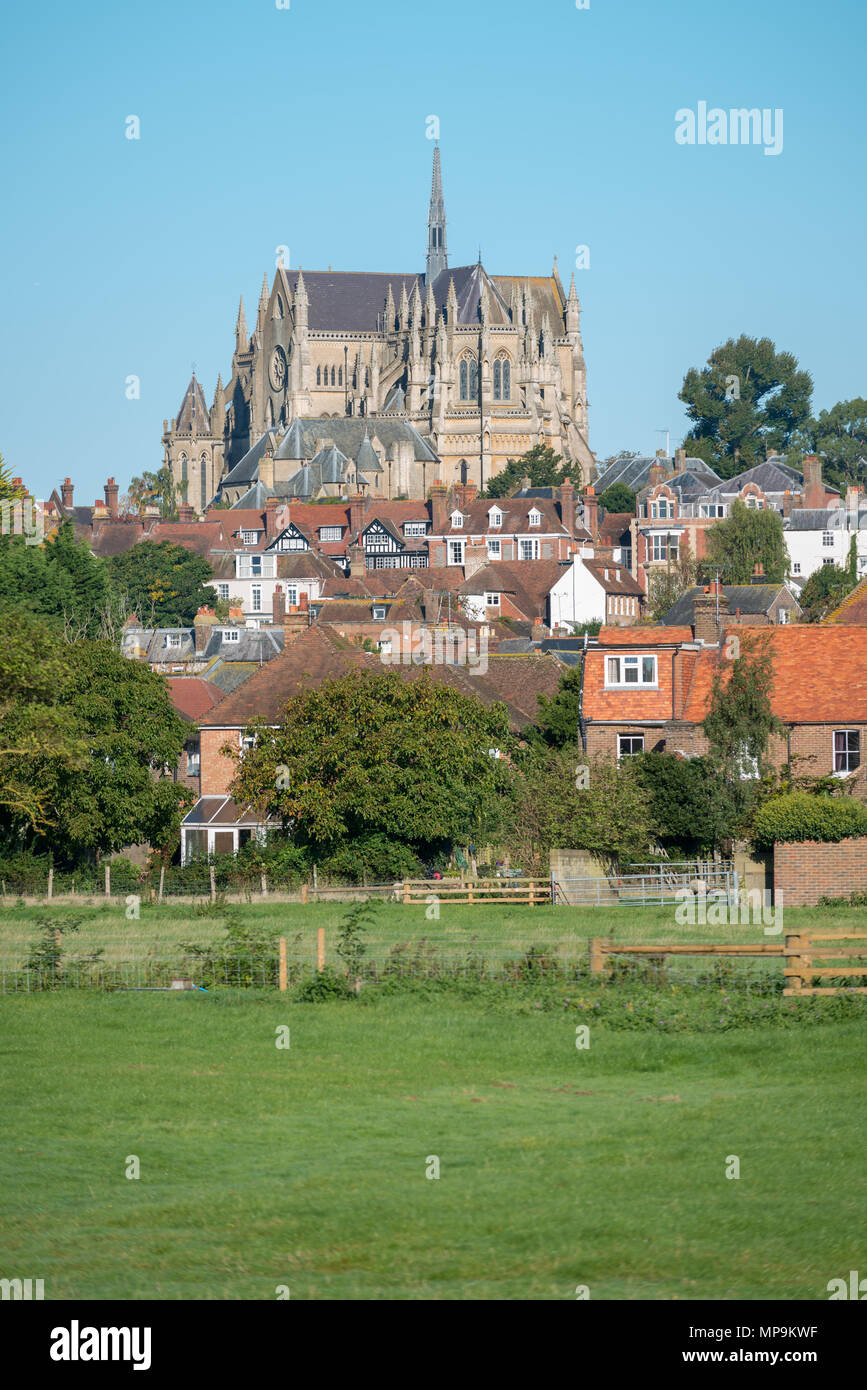 Arundel Cathedral à côté de maisons et en face d'un champ d'agriculteurs dans la région de West Sussex, UK. Banque D'Images