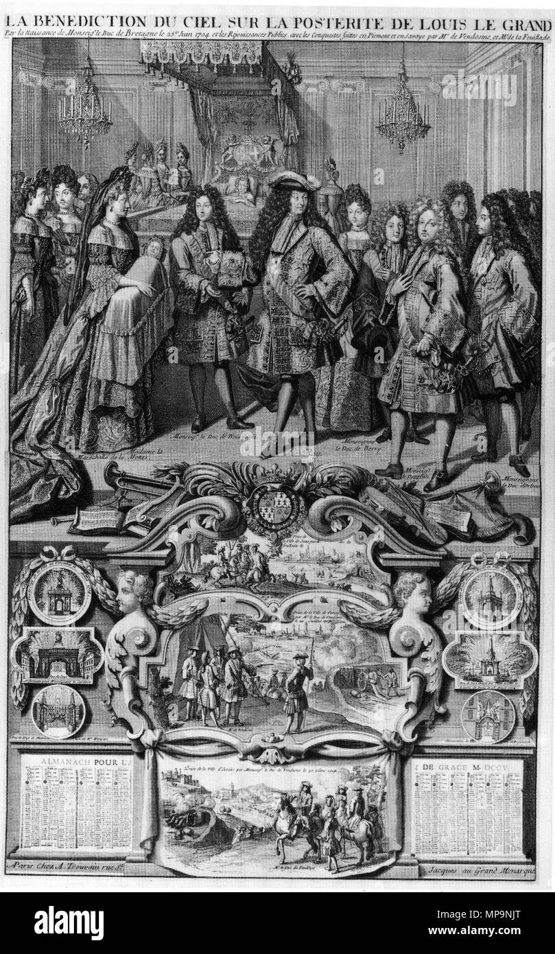. Français : La bénédiction du ciel sur la postérité de Louis le Grand par la naissance de Monseigneur le Duc de Bretagne le 25 juin 1704 et les réjouissances publics avec les conquestes faittes en Piémont et en Savoye par M. de Vendosme et M. de la la Feuillade. - Madame la Maréchalle de la Motte [gouvernante des enfants de France, épouse de Philippe de La Mothe-Houdancourt], Monseigneur le Duc de Bourgogne, Le Roy, Monseigneur le Duc de Berry, Monseigneur le Dauphin, Monseigneur le Duc d'Orléans. A Paris chez A. Trouvain, rue St Jacques, au Grand Monarque. 18e siècle. Louis14- 825 inconnu Banque D'Images