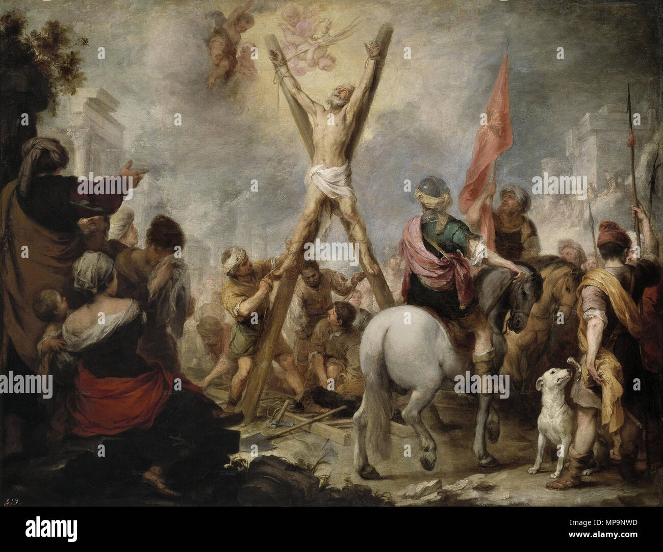 Le Martyre de saint André. Español : La obra représen el martirio del apóstol San Andrés, que según la tradición murió crucificado, al igual que su hermano San Pedro, el primer papa de la Iglesia Católica. . Entre 1675 et 1682. 826 Loumartiriosanandresmurillo Banque D'Images