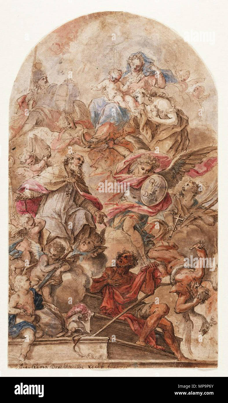 Saint Martin avant de la Vierge, 1715 BergmŸller, Johann Georg allemand, 1688-1762 plume et encre brune, brun et gris, aquarelle, laver la blanc sur blanc p Crocker Art Museum, E. B. Crocker Collection 1871.60 724 Johann Georg Bergmüller - Saint Martin et d'autres saints faisant appel à la Vierge Banque D'Images