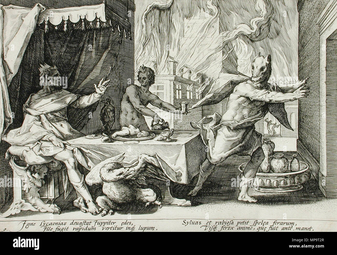 Capture numérique Lycaon transformé en loup. Anglais : Hollande, publié 1589 Livre : métamorphoses par Ovide, livre 1, 9 plaque de gravure gravures estampes ; Conseil des Arts Graphiques Fonds discrétionnaire de la conservation (M.71.76.9) Estampes et dessins Français : lycaon. Gravure d'Hendrik Goltzius (1558-1617) pour les Métamorphoses d'Ovide, livre I, 209 et suiv. . Publié 1589. 835 Lycaon transformé en Loup LACMA M.71.76.9 Banque D'Images