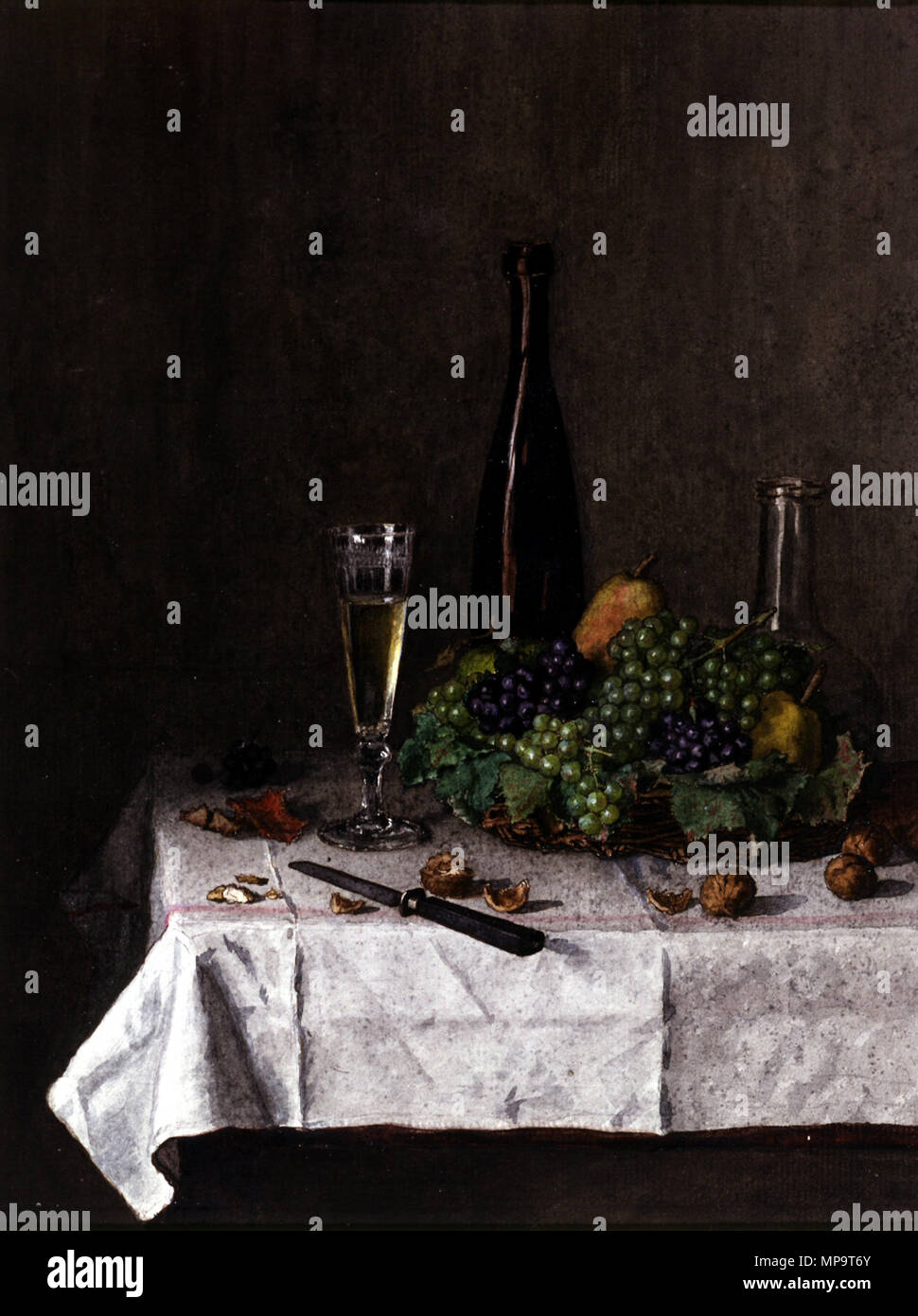 Léon Bonvin (Français, 1834-1866). "La Vie : panier de raisins, noix, et le couteau,' 1863. aquarelle avec surélévation des gencives, l'encre de noix de galle et un stylo, sur la texture légèrement, modérément épais, papier vergé crème. Walters Art Museum (37,1529) : Acquis par William T. Walters. 37,1529 836 Léon Bonvin - Still Life - Panier de Raisins, Noix, et le couteau - Walters 371529 Banque D'Images