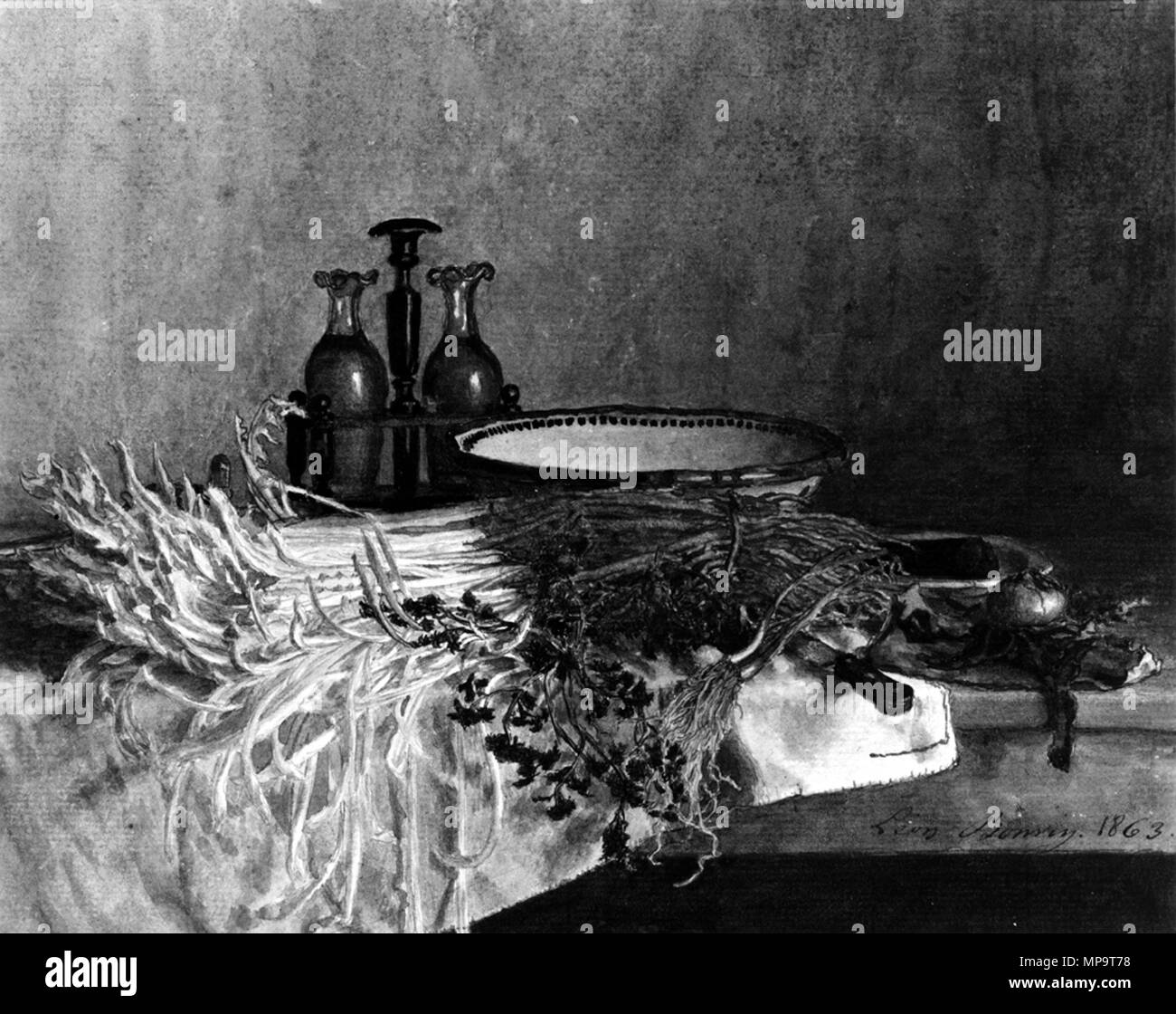 Léon Bonvin (Français, 1834-1866). "La vie avec huiliers et légumes,' 1863. aquarelle avec surélévation des gencives, l'encre de noix de galle et un stylo, sur graphite underdrawing légèrement sur texturé, modérément épaisse ( ?), la crème ( ?) sur papier. Walters Art Museum (37,1646) : Acquis par William T. Walters. 37,1646 836 Léon Bonvin - Still Life with huiliers et légumes - Walters 371646 Banque D'Images