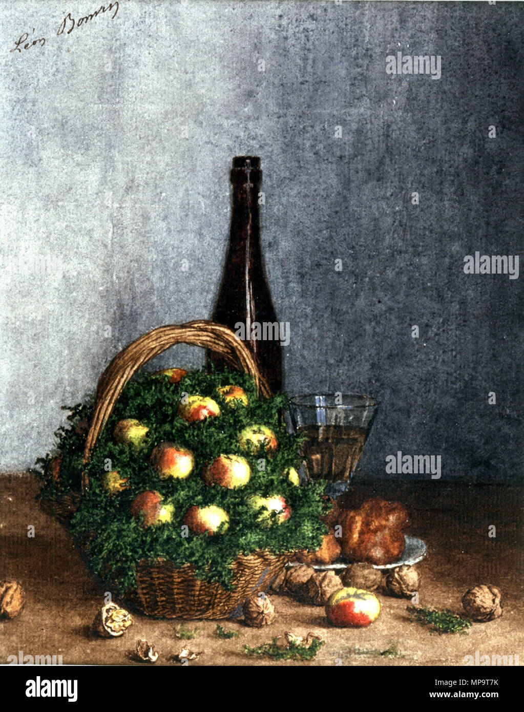 Léon Bonvin (Français, 1834-1866). "La vie avec le vin, les fruits et les écrous,' 1863. aquarelle, l'encre de noix de galle et un stylo, sur graphite underdrawing sur lisse, modérément épaisse ( ?), papier vergé crème. Walters Art Museum (37,1659) : Acquis par William T. ou Henry Walters. 37,1659 836 Léon Bonvin - Nature morte avec du vin, des fruits et noix - Walters 371659 Banque D'Images