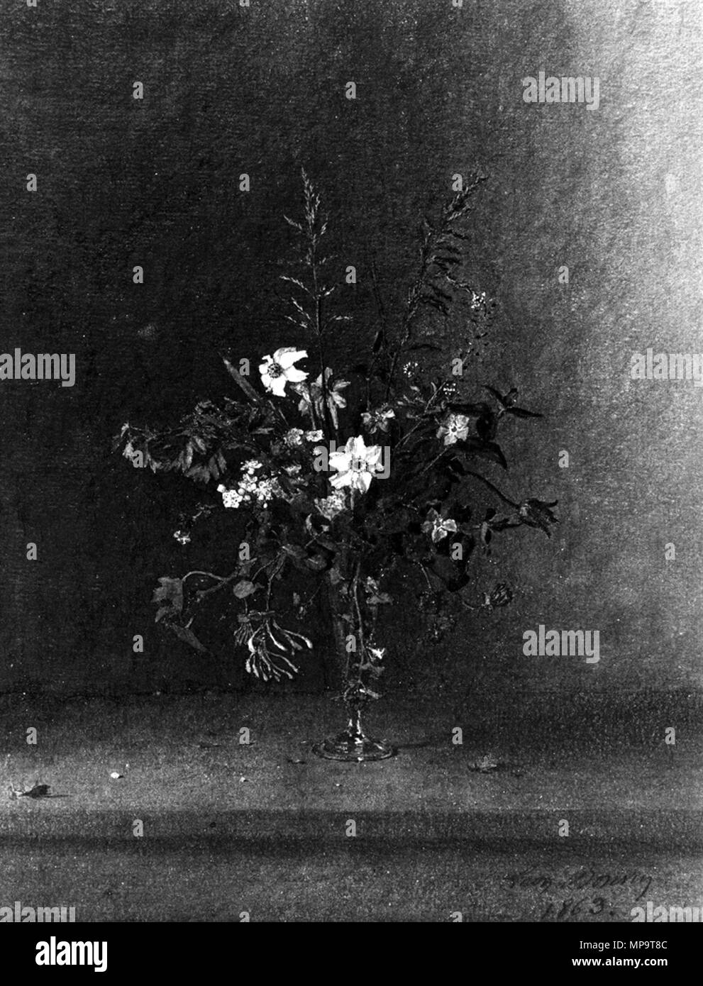 Léon Bonvin (Français, 1834-1866). "Vase de fleurs", 1863. aquarelle avec surélévation des gencives, l'encre de noix de galle et un stylo, sur fortement texturé, épais, vélin crème. Walters Art Museum (37,1502) : commandé par William T. Walters, 1863 ( ?). 37,1502 836 Léon Bonvin - Vase de fleurs - Walters 371502 Banque D'Images