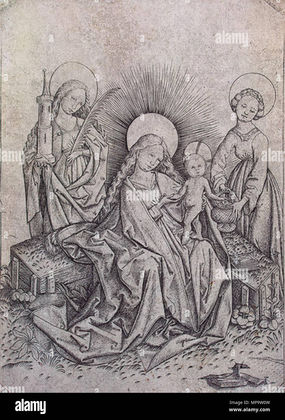 . Vierge à l'Enfant avec sainte Barbara et St Dorothea, gravure. 14,5 x 10,2 cm, L. 75 . circa 1450s. Maître E. S. (1420-1467) Noms alternatifs Maître E. S. ; Maître de 1466, gravure sur cuivre allemand Description de l'orfèvre et peintre Date de naissance/décès vers 1420 1468 Lieu de naissance/décès Anglais Bodenseegegend : près du lac de Constance - période de travail entre 1440 et 1468 lieu de travail : Rhin supérieur Oberrhein English contrôle d'autorité : Q70783 : VIAF 90592168 ISNI : 0000 0000 6320 4132 ULAN : 500009114 RCAC : n85301472 WGA : MAÎTRE E.S. WorldCat 840 Vierge à l'enfant avec St Barbar Banque D'Images
