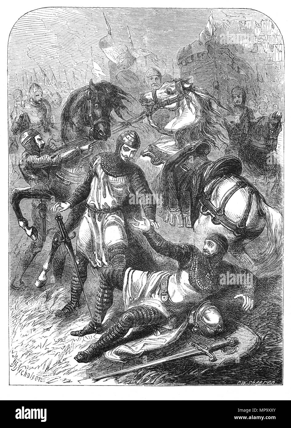 Robert Curthose(1051-1134), fils de Guillaume le Conquérant, fut duc de Normandie à partir de 1087 jusqu'à 1106 et l'échec d'un prestataire sur le trône. Il s'enfuit à la cour de son oncle Robert I, comte de Flandre, mais provoqué du grabuge. Lors d'une bataille en janvier 1079, Robert William King désarçonné au combat et réussi à le blessant grièvement. Il a arrêté son attaque lorsqu'il reconnu la voix de son père. Le roi William maudit son fils, puis leva le siège et est retourné à Rouen. À Pâques 1080, père et fils ont été réunis par les efforts de la Reine Mathilde, une trêve et a duré jusqu'à sa mort en 1083. Banque D'Images
