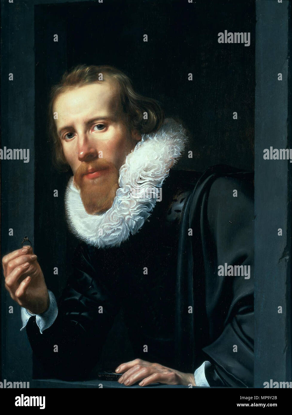 Portrait d'un homme avec un anneau et Touchstone, Bartholomeus van Assendelft probablement Heintz (1585-1658). Titre alternatif(s) : Portrait d'un homme à anneau et touchstone [Ancien titre].[1] Portrait de Bartholomeus van Assendelft (1585-1658).[2] 1617. 848 homme avec un anneau 1617 Valckert Banque D'Images