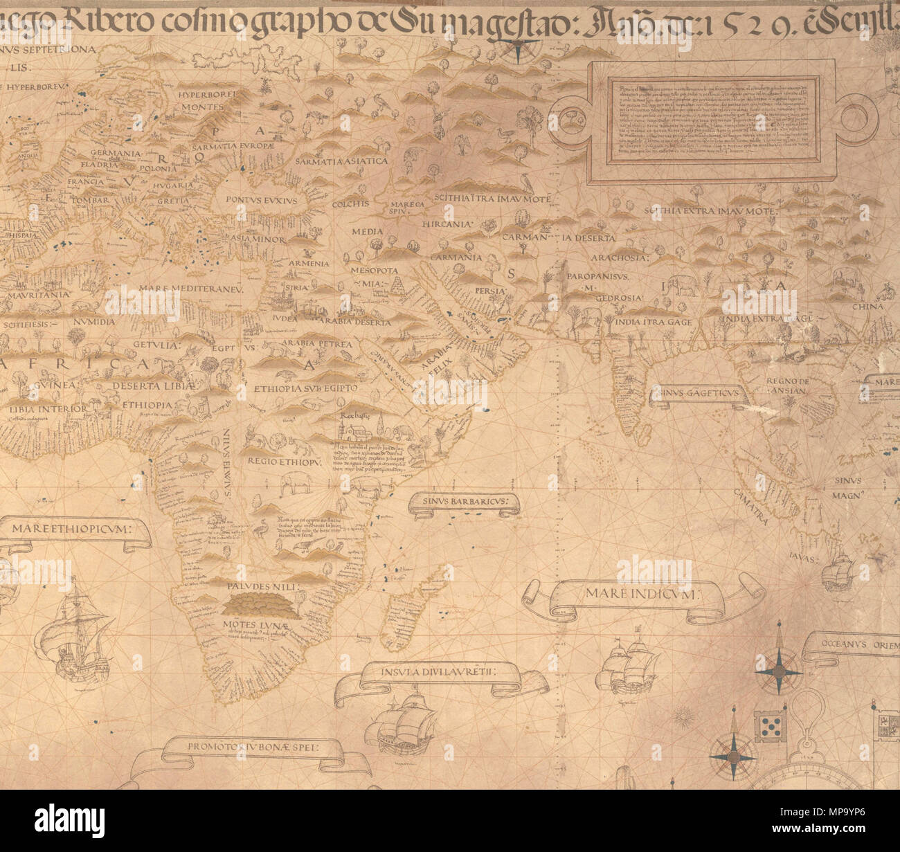 . Anglais : carte du monde (texte original : Bibliothèque Nationale d'australie carte du monde) Description : Carta universal en que se contiene todo lo que del mundo se ha descubierto fasta agora / hizola cosmographo Diego Ribero de su magestad, ano de 1529, e[n] Séville Londres : W. Griggs, [1887 ?] 1 carte sur 2 feuilles : coul. ; 58 x 140 cm., feuilles 61 x 79 cm et 61 x 66 cm. Remarque : 'reproduit à partir de l'original au Musée de la "propagande" à Rome, prêté par Sa Sainteté le Pape Léon XIII, par W. Griggs, Londres.' dans la marge inférieure : le deuxième plan Borgian par Diego Ribero, Séville 1529 . 1529. La carte Diego Ribero 1529.jpg : Di Banque D'Images