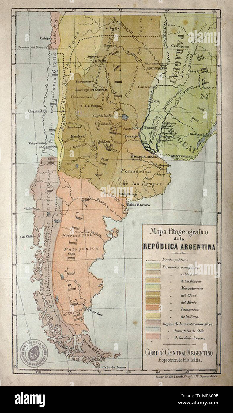 . Anglais : Site de l'Argentine, créé pour l'Exposition du centenaire de Philadelphie. 1876. Alberto Larsch 853 Mapa argentine philadelphia expo 1876 Banque D'Images . Anglais : Site de l'Argentine, créé pour l'Exposition du centenaire de Philadelphie. 1876. Alberto Larsch 853 Mapa argentine philadelphia expo 1876 Banque D'Images