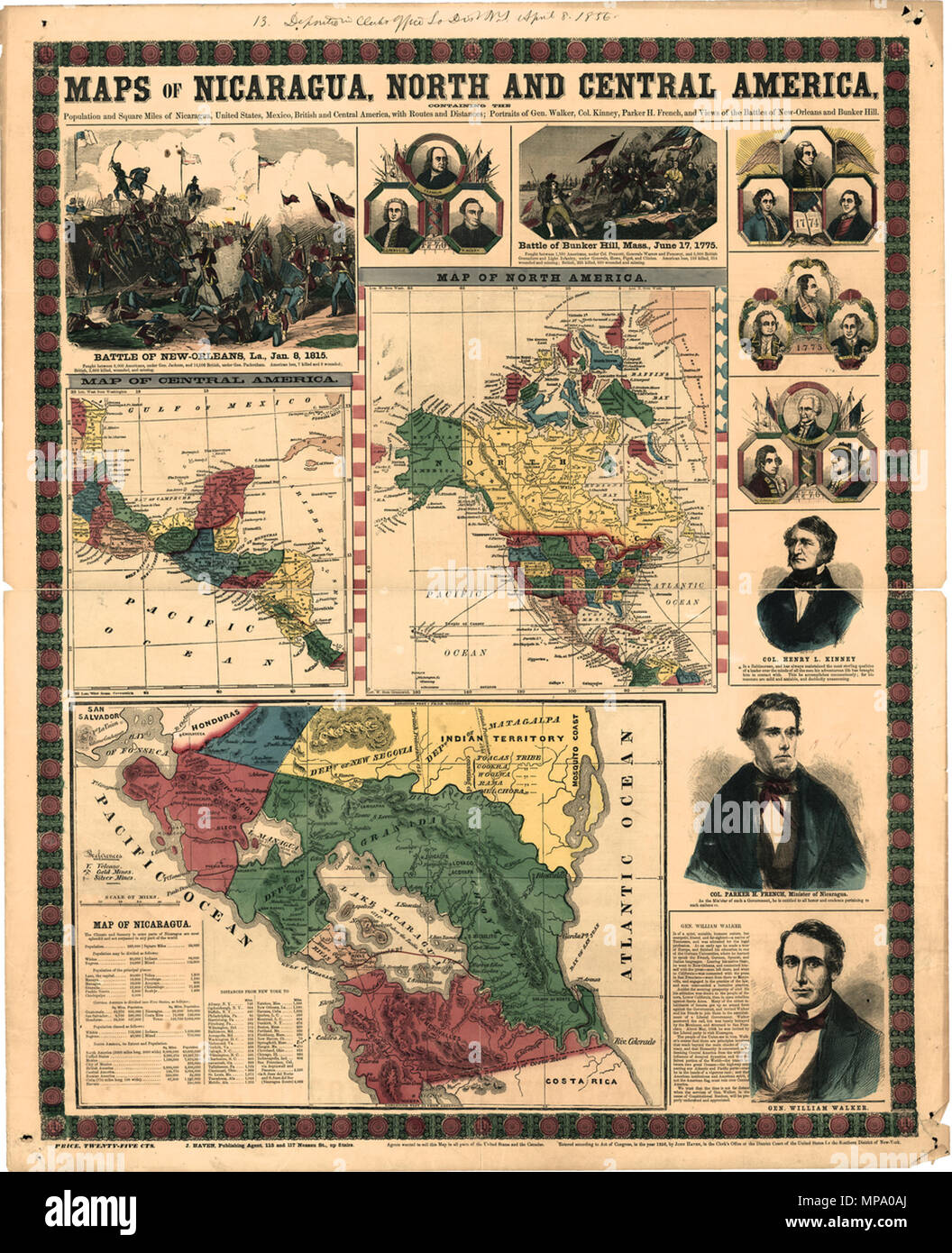 853 cartes du Nicaragua, Amérique du Nord et en Amérique centrale- Population et de milles carrés du Nicaragua, du Mexique et des États-Unis, de la Grande-Bretagne et de l'Amérique centrale, avec des itinéraires et Distances ; Portraits du général Walker, BNM152 Banque D'Images