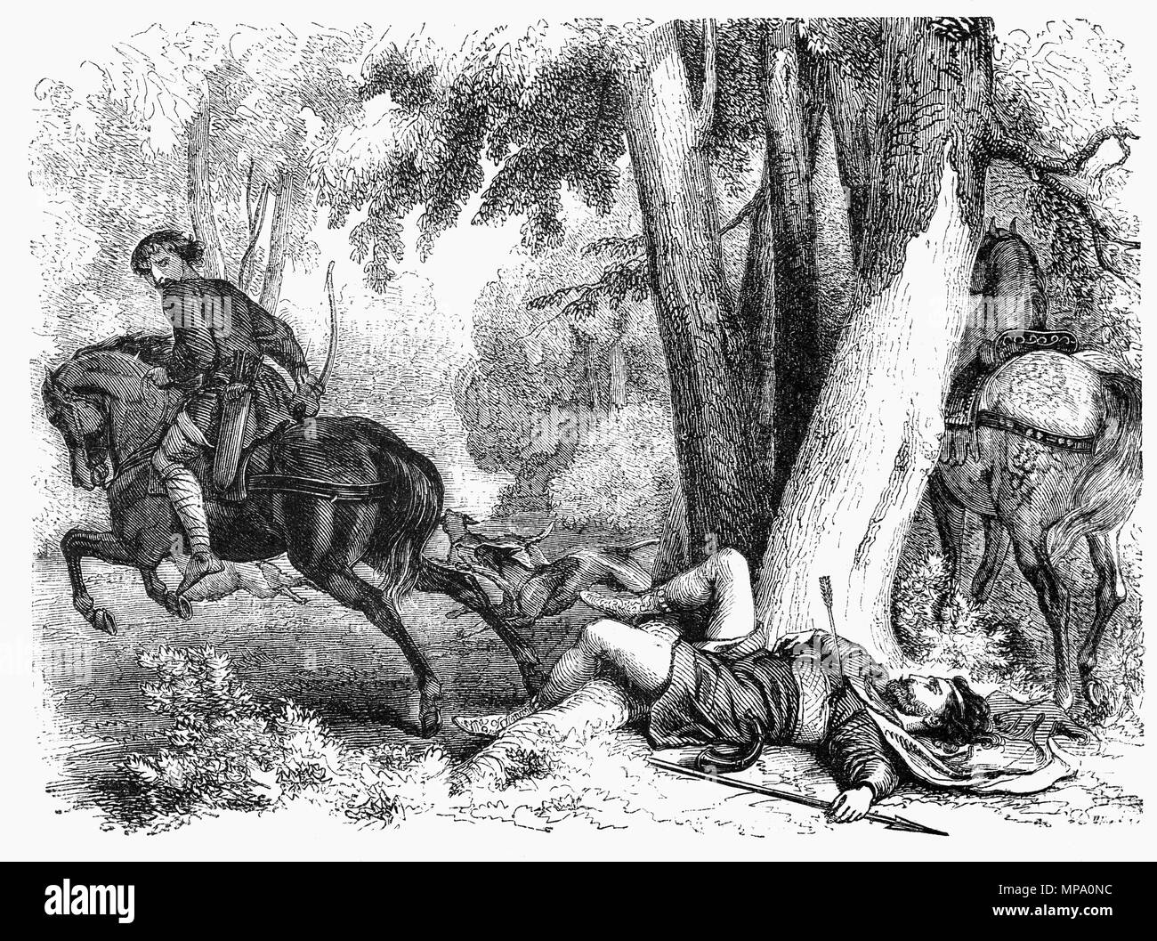 La mort de Guillaume II aka William Rufus d'une flèche à travers les poumons tandis que la chasse sur 2 août 1100 dans la New Forest, Hampshire, Angleterre. Les circonstances restent floues mais les premiers témoins de l'événement a été dans la Chronique anglo-saxonne, qui a noté que le roi était 'shot d'une flèche par un de ses propres hommes." Plus tard, des chroniqueurs a ajouté le nom de l'assassin, un noble nommé Walter Tirel. Banque D'Images