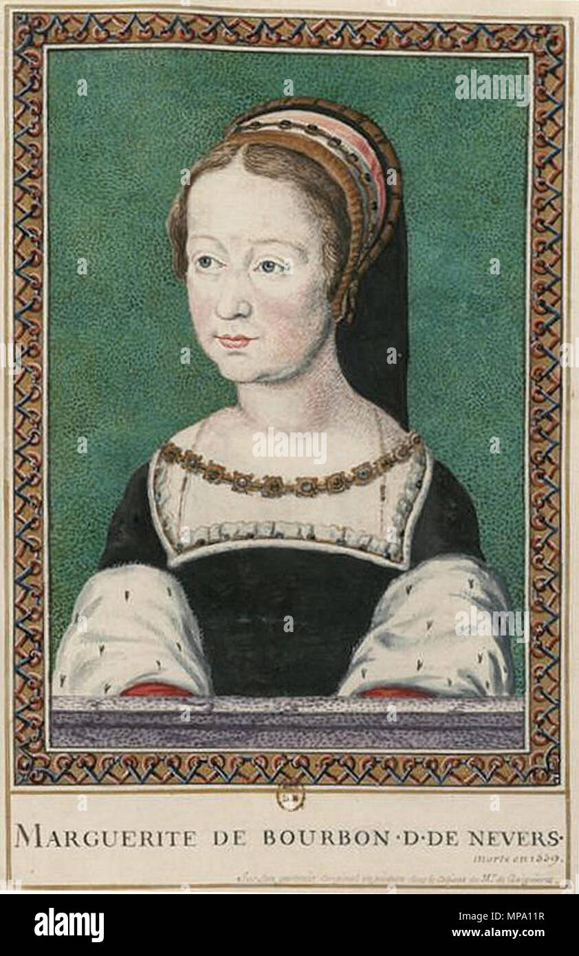 . English : Dessin de Roger de Gaignières d'après un tableau de Corneille de Lyon représentant Marguerite de Valois, fille du roi François Ier. Le portrait était autrefois identifié à tort à Marguerite de Bourbon, duchesse de Nevers (1516-1559). Source : Anne Dubois de Groer, Corneille de La Haye, dit Corneille de Lyon, Arthéna, 1997, p. 112-113. . 16e siècle. Inconnu 856 Marguerite de Bourbon, duchesse de Nevers 02 Banque D'Images