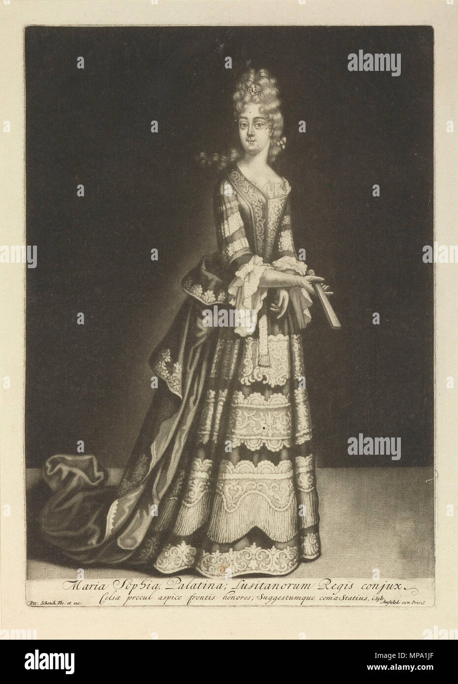 . Anglais : Maria Sophia de Neuburg, reine de Portugal (1666-1699) . 17e siècle. Peter Schenk l'Ancien (1660-1718) Noms alternatifs Petrus Schenck (I), Pieter Schenck (I), Petrus Schenk (I) Description de l'éditeur et graveur néerlandais Date de naissance/décès 26 décembre 1660 (baptisé) 1711 Lieu de naissance/décès Elberfeld Leipzig Lieu de travail Amsterdam, Rotterdam contrôle d'autorité : Q78163 : VIAF 87245200 ISNI : 0000 0001 1682 407X ULAN : 500008827 RCAC : n96109832 NLA : 36409973 858 WorldCat Maria Sophia Palatina ; Lusitanorum Regis ruffieux - Peter Schenck (1660-1711) Banque D'Images