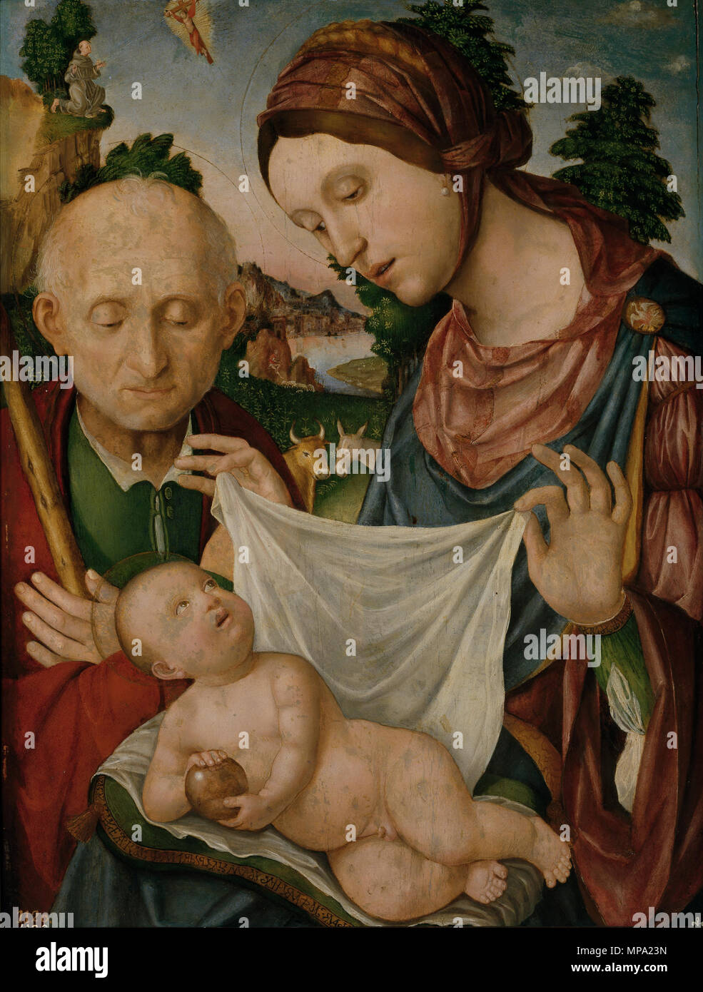 . Español : La Vierge y San José adorando al Niño, óleo sobre tabla, 63 x 48 cm, Madrid, Museo del Prado . hacia 1489-1504. Gian Francesco de Maineri Maineri 845-sagrada familia Banque D'Images