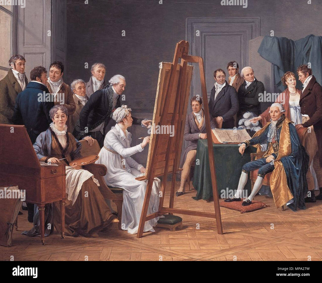 Le temps dans l'atelier de Madame Vincent autour de 1800 . English : salon de 1808, le portrait de groupe représente la professeur et amie de l'artiste, Adélaïde Labille-Guiard (1749-1803), épouse du peintre François André Vincent (1746-1816) dans son atelier, aux alentours de 1800, réalisant le portrait du peintre et senator Joseph-Marie Vien (1716-1809), en présence de membres de la famille Vien, d'élèves ainsi que de son mari et d'élèves de celui-ci. L'artiste s'est représentée elle-même, assise à coté de son amie, chargeant la palette. Deutsch : Wir sehen in einem hohen, schmucklosen Zimmer Banque D'Images